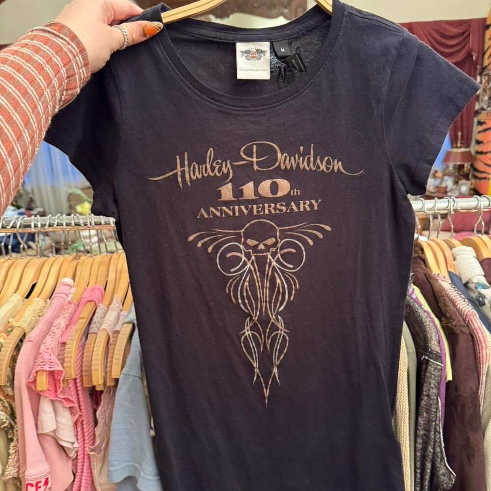 Harley-davidson Women's Black and Navy T-shirt
